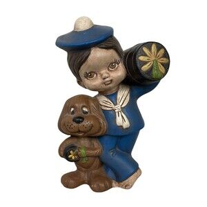 Vintage Dated 1976 Hand Painted Ceramic Sailor w Dog Figurine MCM